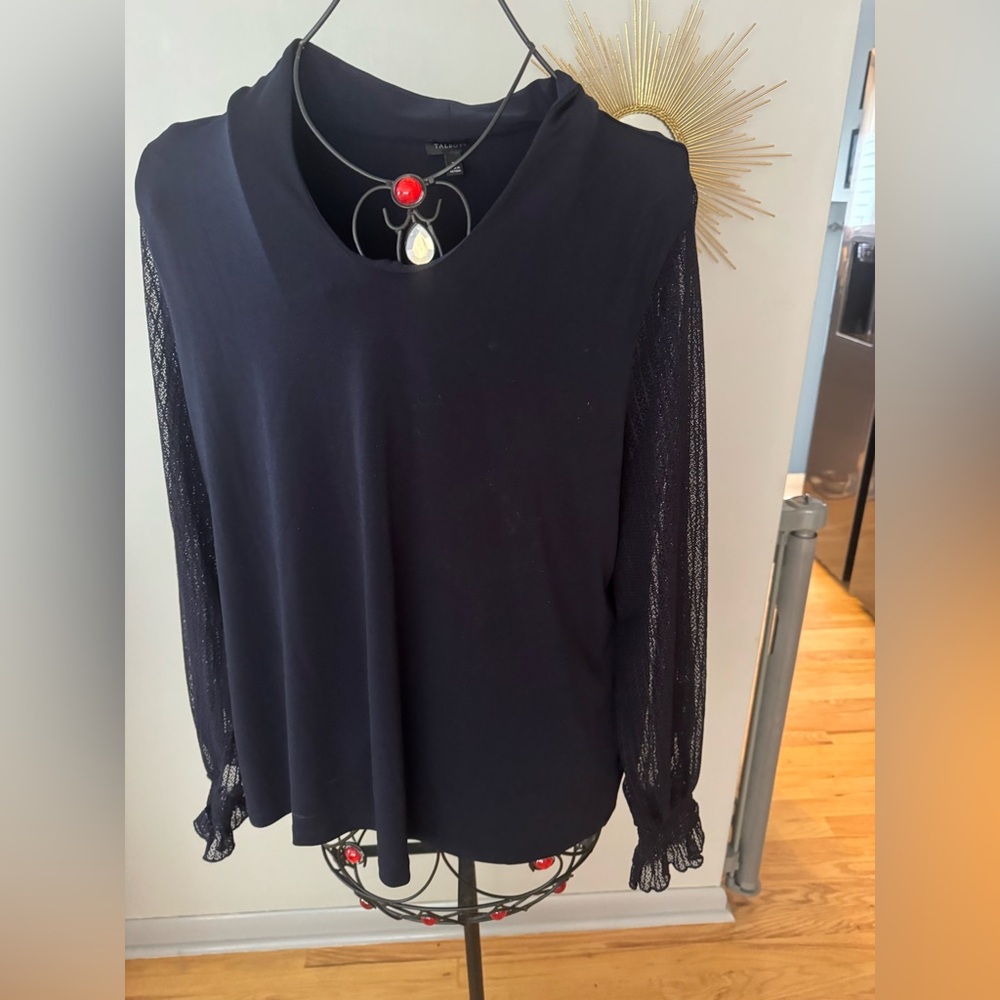Elegant navy Women's Top with Sheer Sleeves